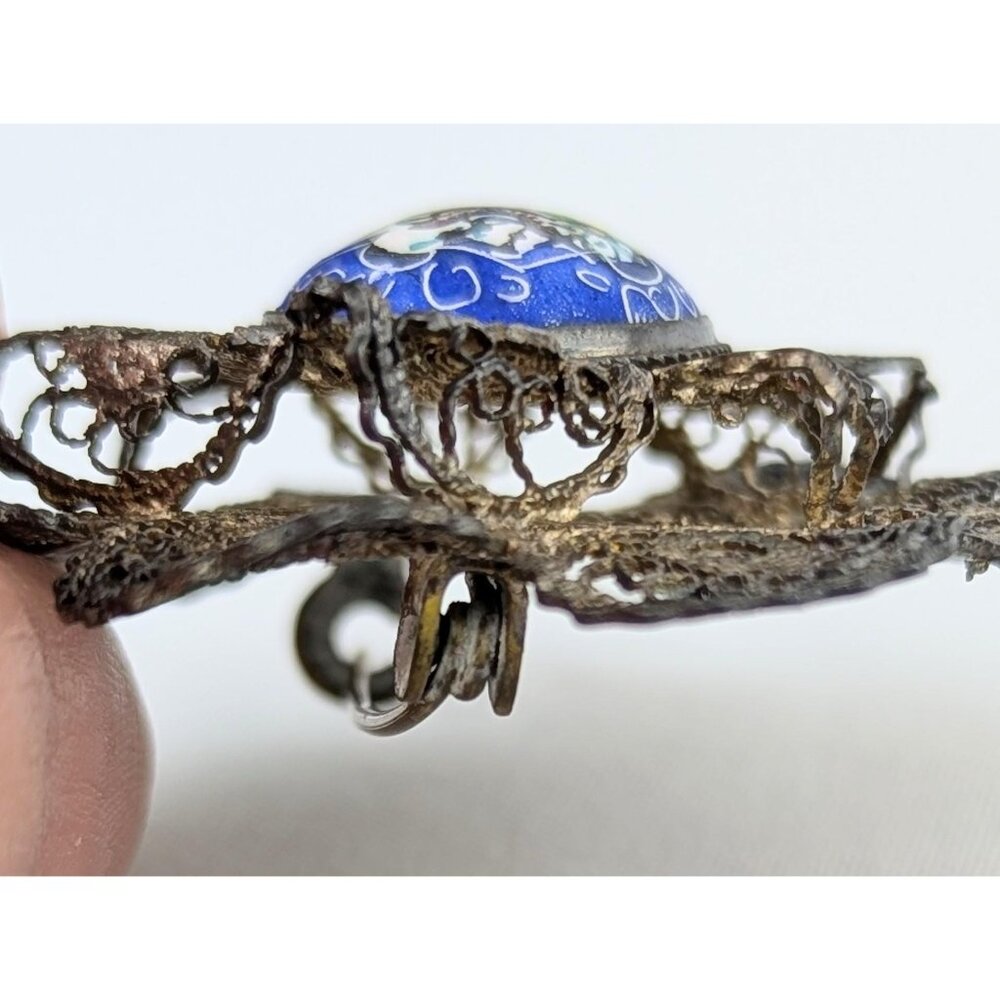 Antique 1900s Sterling Silver Filigree Brooch Hand-painted Enamel Edwardian Era - Picture 3 of 7